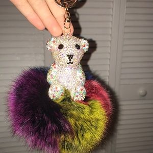 Puff ball keychain with bedazzled bear